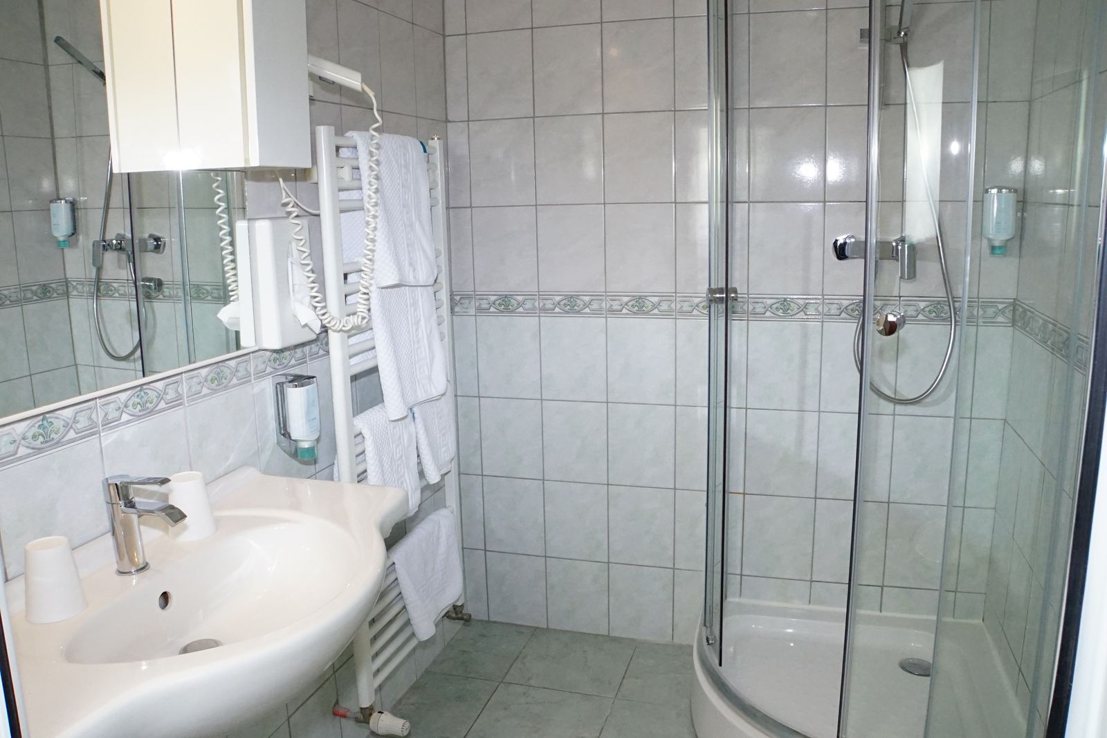 Badezimmer mit Dusche, Waschtisch und Handtuchheizkörper