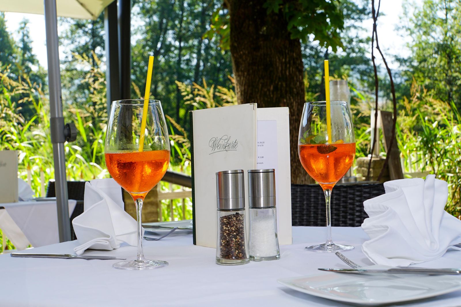 Gedeckter Tisch im Gastgarten mit Aperitifs, Speisekarte und Blick ins Grüne